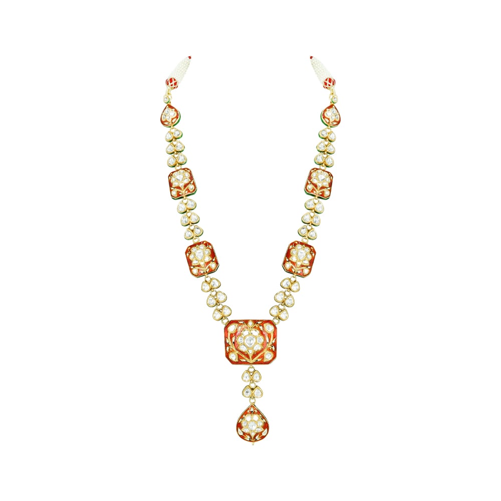Polki Necklace with Red Enamel and Drop Pendant
